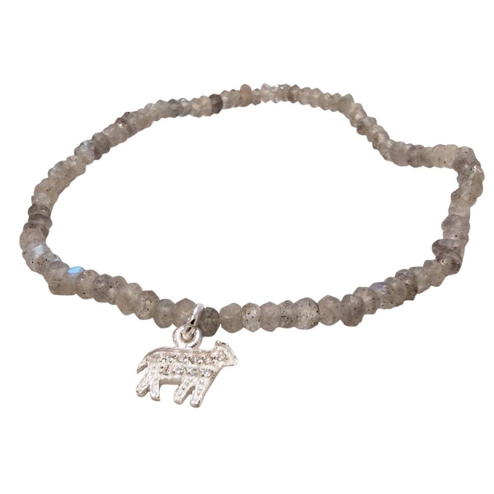 Johnny Was Crystal cut Grey Beaded Stretch Bracelet with Silver Crystal Charm.